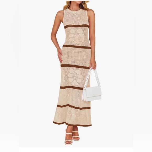 Cream and Brown Sheath Midi Dress Halter Neckline Sleeveless - Picture 1 of 2